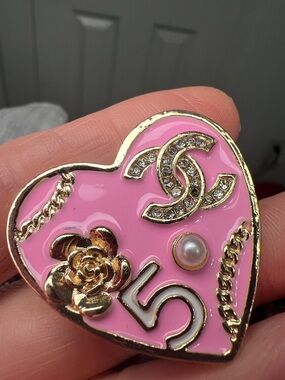 Pink Heart C Inspired Enamel Brooch with Pearl Accent